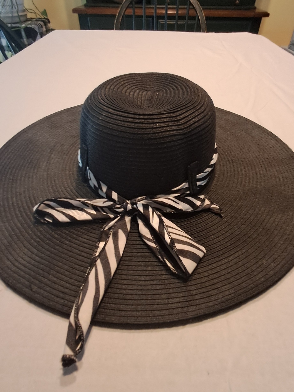Black Wide-Brim Sun Hat with Zebra Tie
